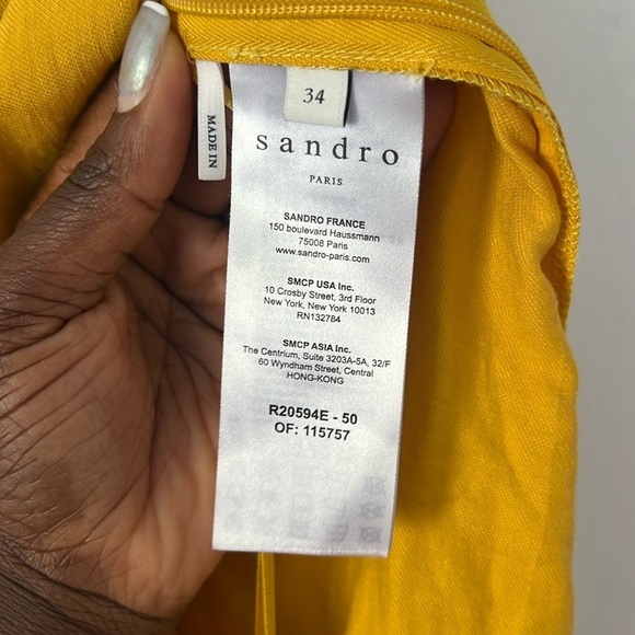 Sandro Paris Tamara Linen Asymmetric Cutout Gathered Twill Yellow Dress Size 34 - Picture 7 of 13